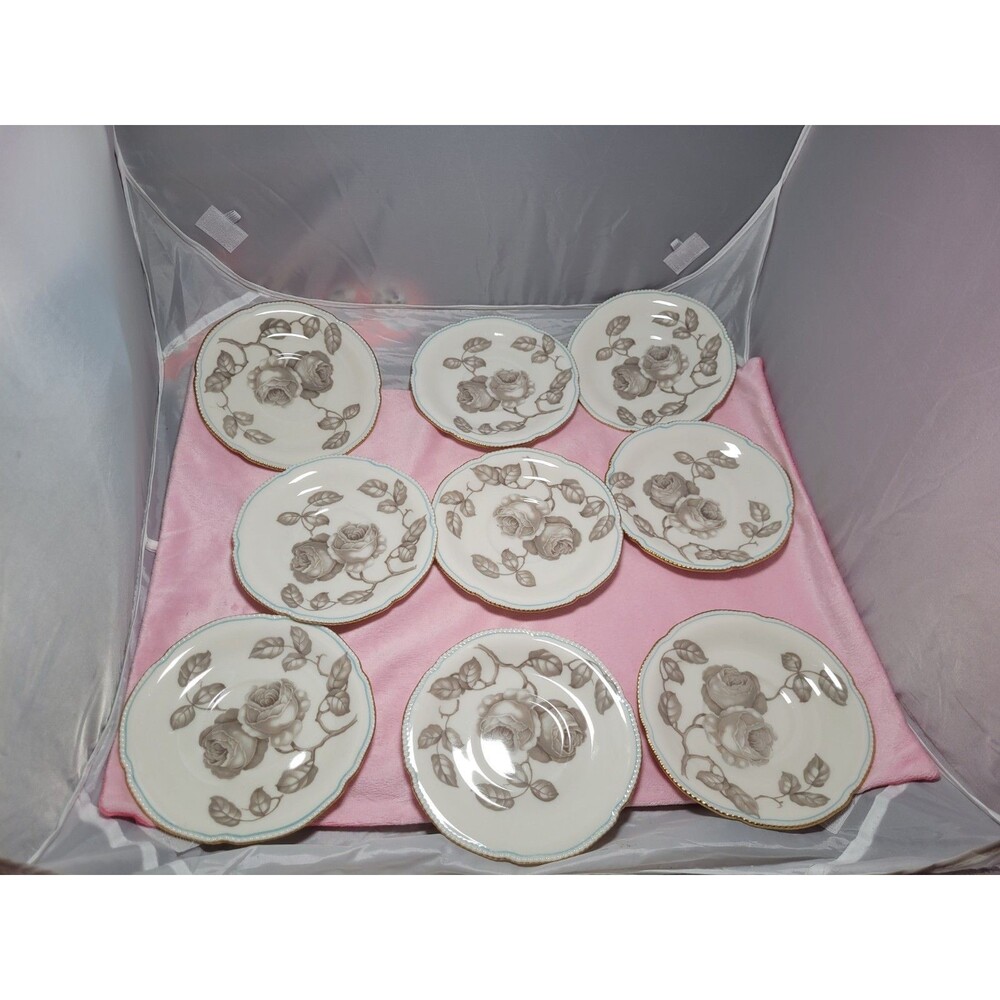 9 Vintage Castleton China Dawn Rose Saucers USA Gold Trim Blue